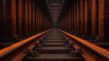 Mystical railroad journey, stone statues guarding the train tracks