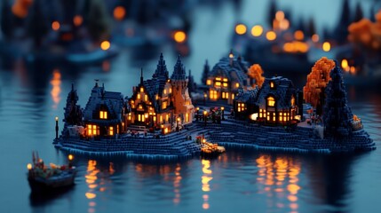 Fototapeta premium Pixelated island village, nighttime, glowing houses, dark water reflections, stylized buildings, small boats, pixelated style, autumnal colors