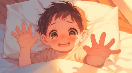 Anime-style illustration. A cute little boy lies on the white pillow under soft sheets, eyes wide open while waving his hands and gazing at the ceiling, Generative AI