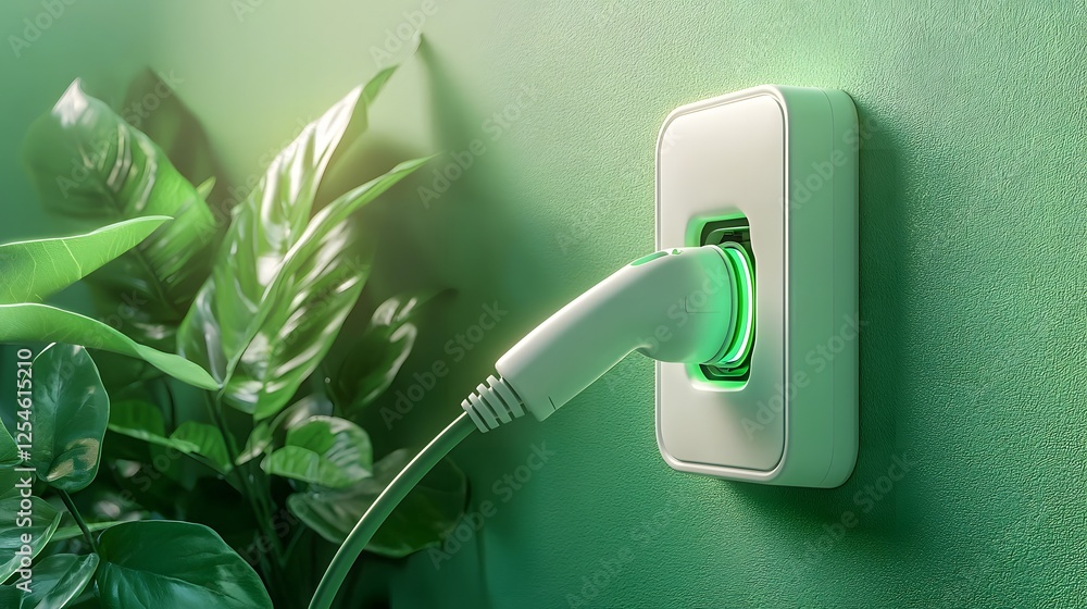 Poster minimalistic yet powerful close up of a white electrical outlet with green plug and wire embedded wi