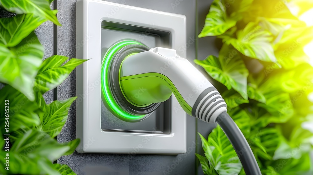 Aufkleber macro shot of a white electrical socket with a sleek green plug and wire attached to a wall covered 
