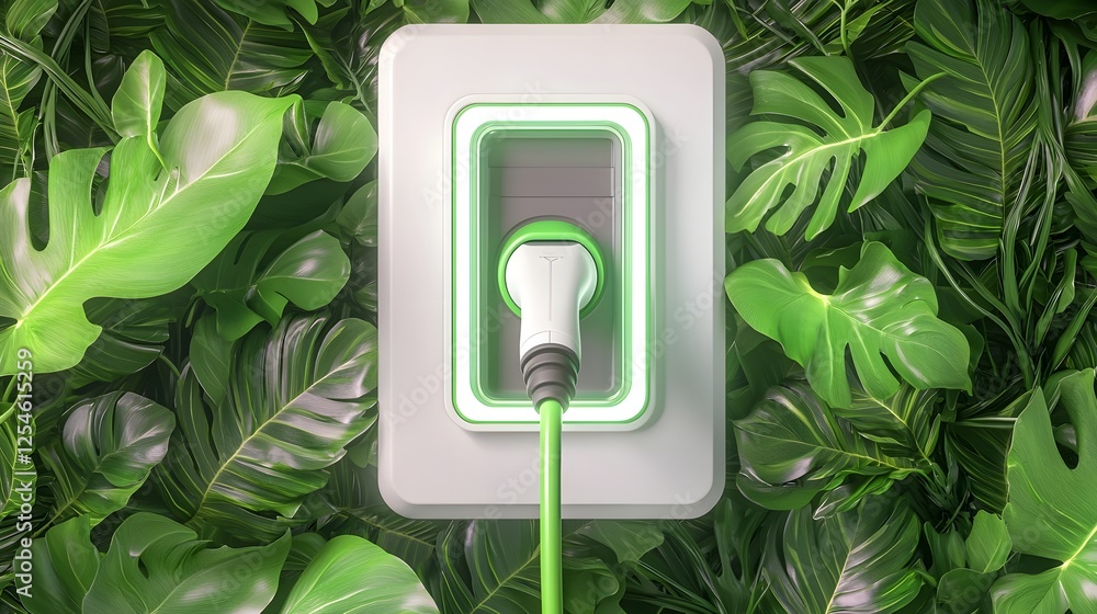 Aufkleber Macro shot of a white electrical socket with a sleek green plug and wire attached seamlessly blending into a dense vibrant backdrop of lush green foliage