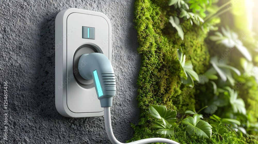 Aufkleber representation of green energy power socket with moss covered wall symbolizing the fusion of clean e