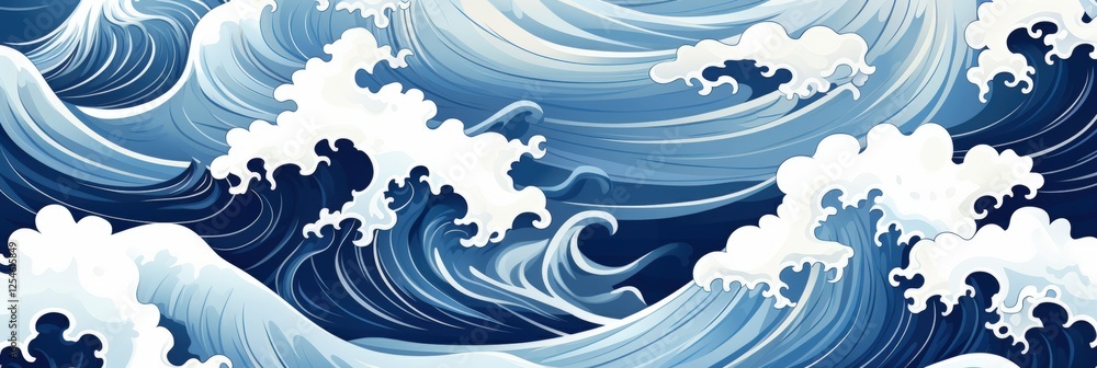 Poster abstract ocean waves design featuring dynamic movement and flowing patterns in blue and white tones 