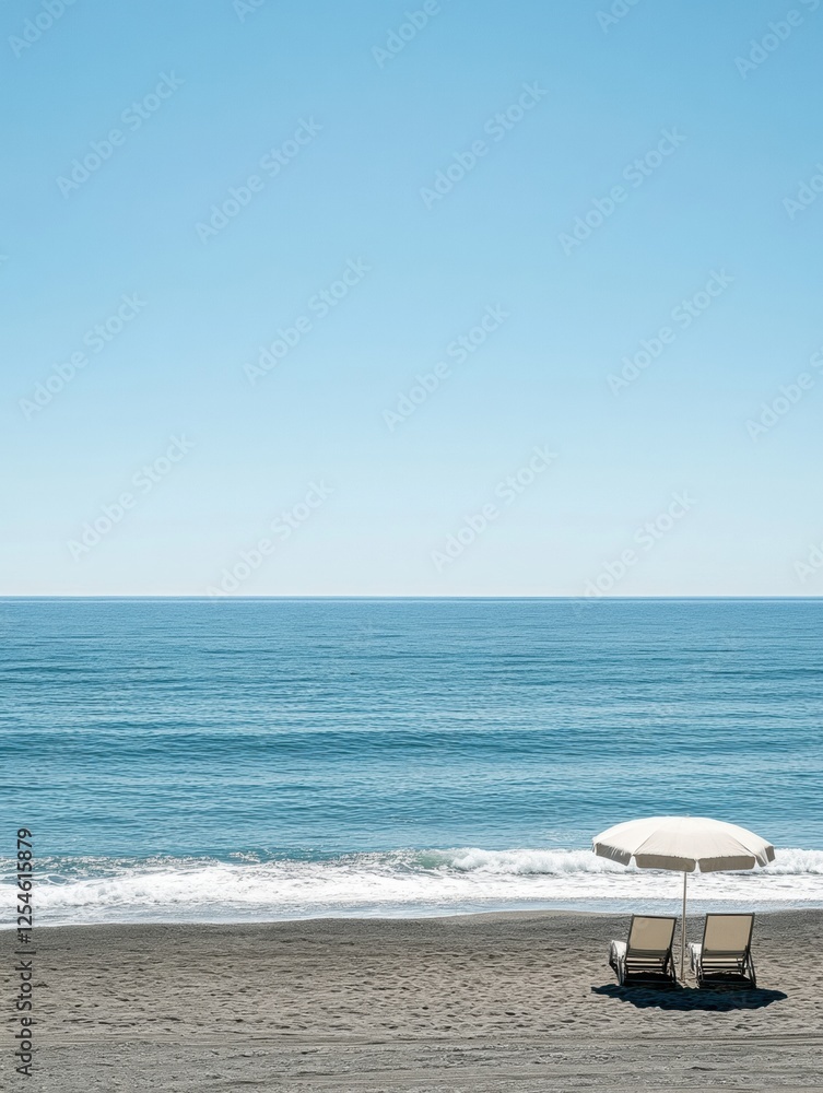 Poster minimalistic beach relaxation spot with lounge chair and umbrella overlooking calm ocean waves under