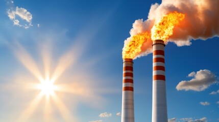 Fototapeta premium Smokestacks at energy refinery facility emitting thick plumes of smoke and greenhouse gas emissions into the bright blue sky with sun rays shining through