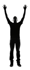 Black silhouette of african man raising two hands isolated on transparent background. Generative ai