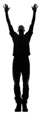 Black silhouette of african man raising two hands isolated on transparent background. Generative ai