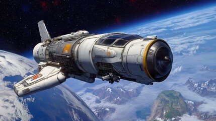 Obraz premium Pixelated spacecraft in orbit above a stylized planet with mountains and clouds, against a starry background