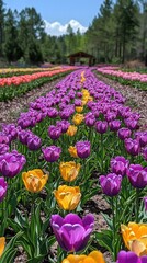 Vibrant tulip field with rows of purple and yellow flowers under a clear blue sky