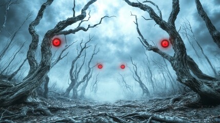 Spooky forest path with ominous red eyes in pixelated style, dark and mysterious atmosphere, cloudy sky, bare branches, path leading into the