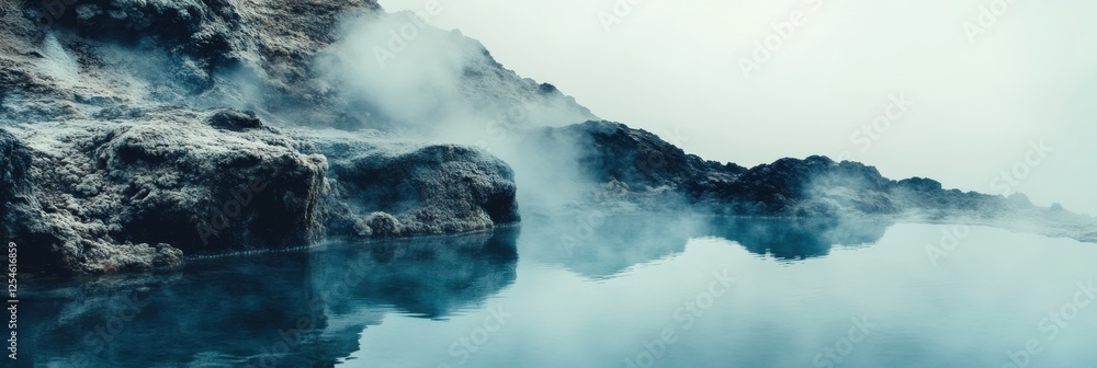 Poster serene hot spring with steam rising above rocky edges in a tranquil natural setting. generative ai