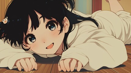 Close-up of an anime girl wearing white pajamas and crawling on the floor, with black hair, Generative AI