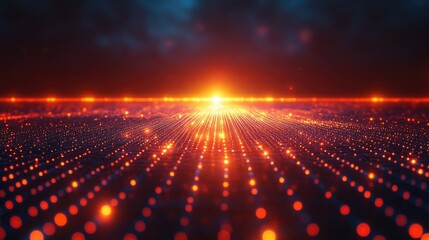 Vibrant digital landscape with glowing dots converging towards a bright horizon at sunset