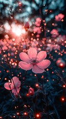 Beautiful pink flowers illuminated by sunlight in a vibrant garden with sparkling bokeh effects