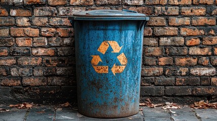 Blue recycling bin against a rustic brick wall, showcasing urban waste management and sustainability