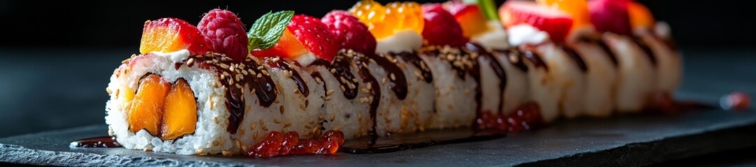 Creative Fruit Sushi Roll with Chocolate Drizzle and Mixed Berries. Generative AI