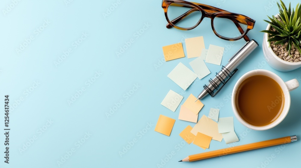Poster top view of a creative workspace with office supplies notes and a cup of coffee suggesting a collabo