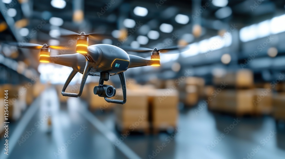 Poster sleek and ultra modern smart warehouse featuring advanced automation robotic logistics and aerial dr