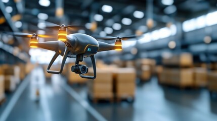 Obraz premium Sleek and ultra modern smart warehouse featuring advanced automation robotic logistics and aerial drone monitoring for efficient cargo storage and distribution