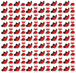 butterfly, ladybug with fruit as a pattern background