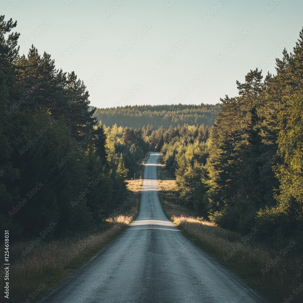 Poster straight road leading through a dense green forest with sunlight creating a serene atmosphere. gener