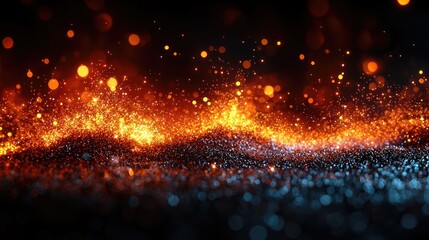Vibrant abstract representation of glowing particles resembling a fiery ocean at night