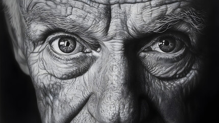 charcoal drawing of an elderly man's face with deep wrinkles and expressive eyes 