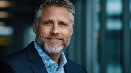 Fototapeta premium Successful Corporate Business Executive Smiles Warmly and Confidently During a Professional Portrait Photoshoot for Business and Leadership Concepts