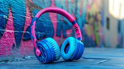 Naklejka premium Vibrant Headphones on Urban Background