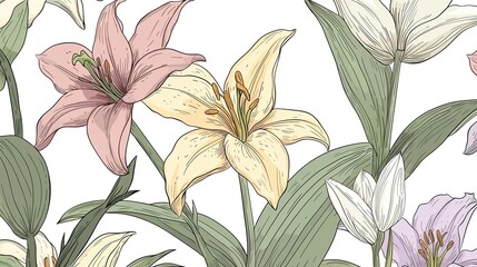 Colorful floral illustration featuring various lilies in a serene, artistic composition