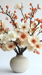 Elegant arrangement of soft peach and white flowers in a minimalist vase against a neutral backdrop