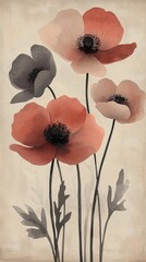 Beautiful watercolor illustration of vibrant red and pink poppy flowers against a soft background