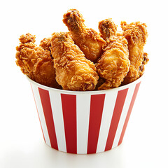 A red and white striped bucket filled to the brim with golden, crispy fried chicken pieces. The white background highlights the rich texture of the chicken