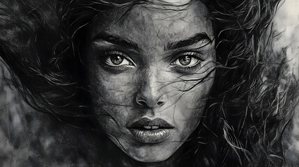 detailed charcoal portrait of a woman with intense gaze and intricate hair texture 