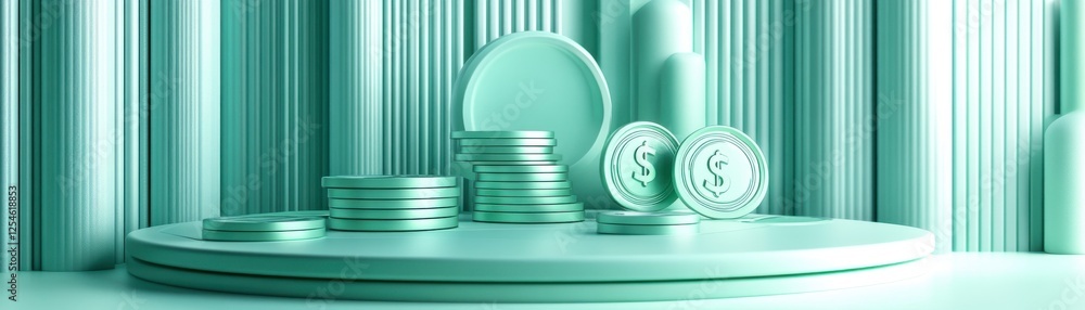 Poster a serene, mint-colored display of coins and currency on a circular platform, set against a textured 
