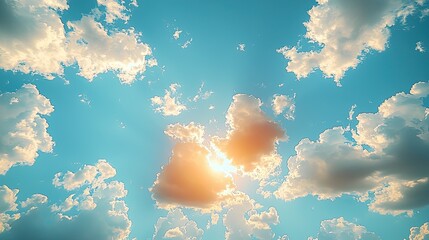 Bright blue sky filled with fluffy clouds, sunlight breaking through, creating a serene atmosphere