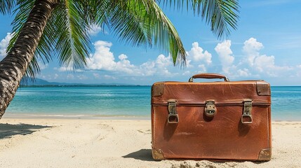 Vintage leather suitcase resting on sandy beach under palm trees with ocean and clouds in background