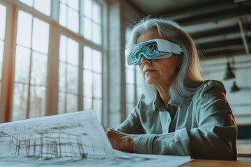 Senior woman using augmented reality glasses to review architectural blueprints, innovative technology for design.