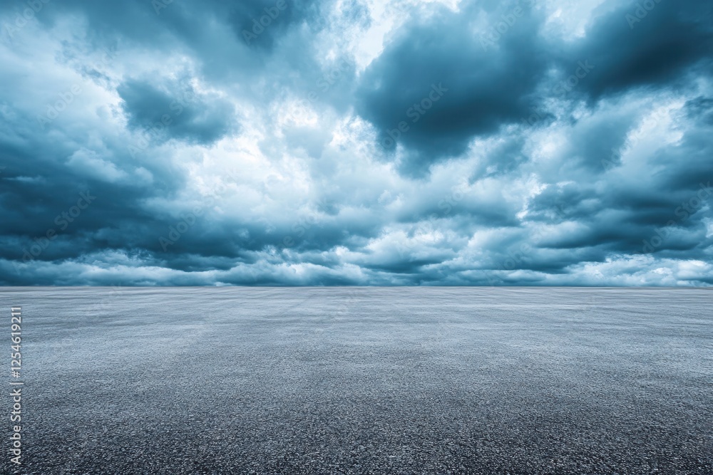 Poster dramatic sky with dark clouds over a gray asphalt surface creating a moody and abstract landscape
