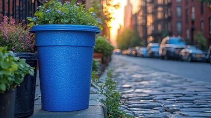 Vibrant blue planter with flowers on a cobblestone street at sunset, showcasing urban life