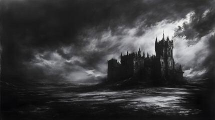 and moody charcoal artwork of a gothic castle under a stormy sky with dramatic lighting 
