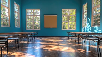 Bright, empty classroom with wooden desks and sunlight streaming through large windows