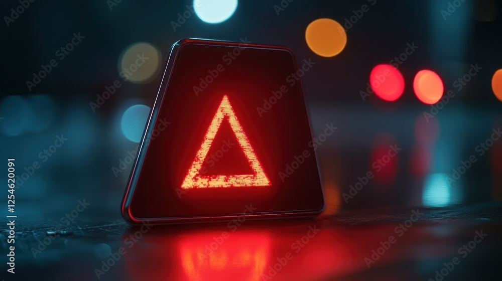 Poster glowing red warning triangle on a digital device at night.