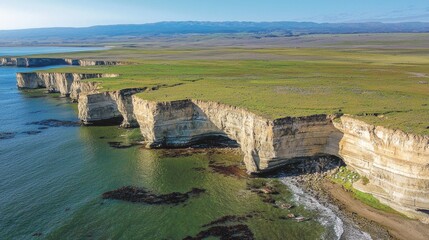 Aerial view of majestic coastal cliffs with green grass, ocean waves, and distant mountains