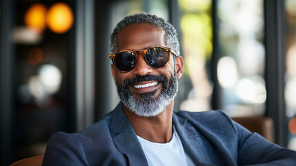 Fototapeta premium middle-aged, black man, african-american, boss, businessman, well-groomed, silver fox, fashion icon, cool cat, sunglasses, executive, classic suit, expertise, grey beard, white beard, trust, confidenc