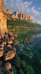 Scenic view of rocky shoreline reflecting mountains and clear water under a vibrant sky