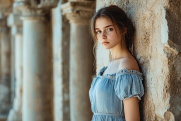 Fototapeta premium A young woman in a light blue off-shoulder dress poses against an ancient stone wall.