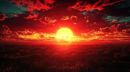 Vibrant sunset over a serene landscape with dramatic clouds and glowing horizon, evoking tranquility