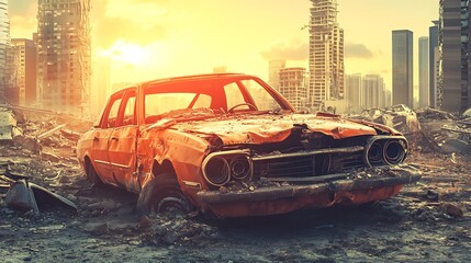 Post-Apocalyptic Cityscape: A Rusty Relic Amidst Ruins
